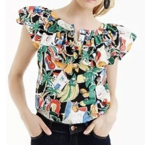 J crew tropical fruit print ruffled off the shoulder top